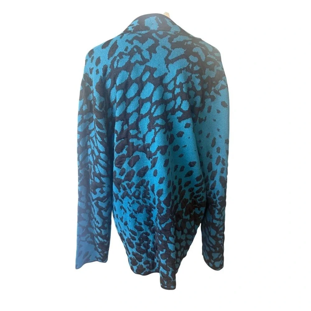 Chicos Long Blue‎ Animal Leopard Print Cardigan Sweater Size L Cotton Cheetah